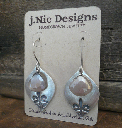 Creole Collection Drop Earrings- Champagne Moonstone. Oxidized Sterling and Fine Silver Dangle Earrings. Handmade.