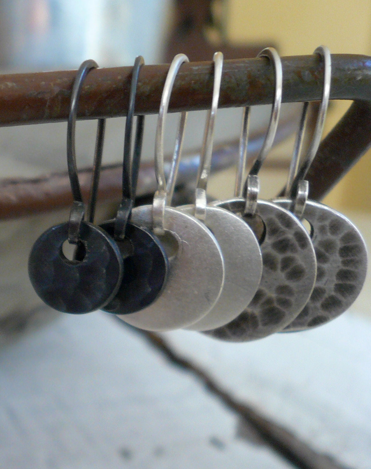 Essential Earrings Small Round - Handmade. Oxidized fine and sterling silver dangle earrings