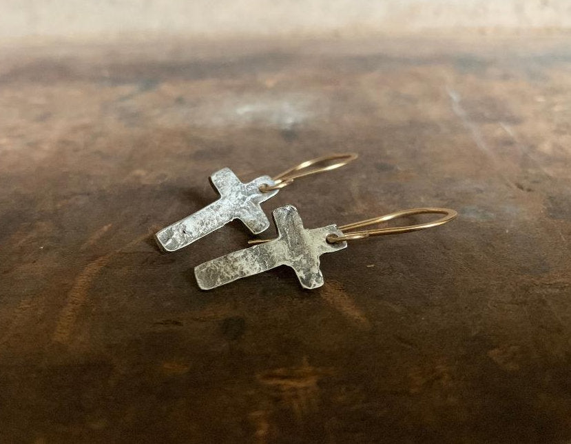 Faith Collection Earrings - Oxidized fine silver rustic Cross Earrings. 14kt Goldfill. Mixed Metal. Handmade