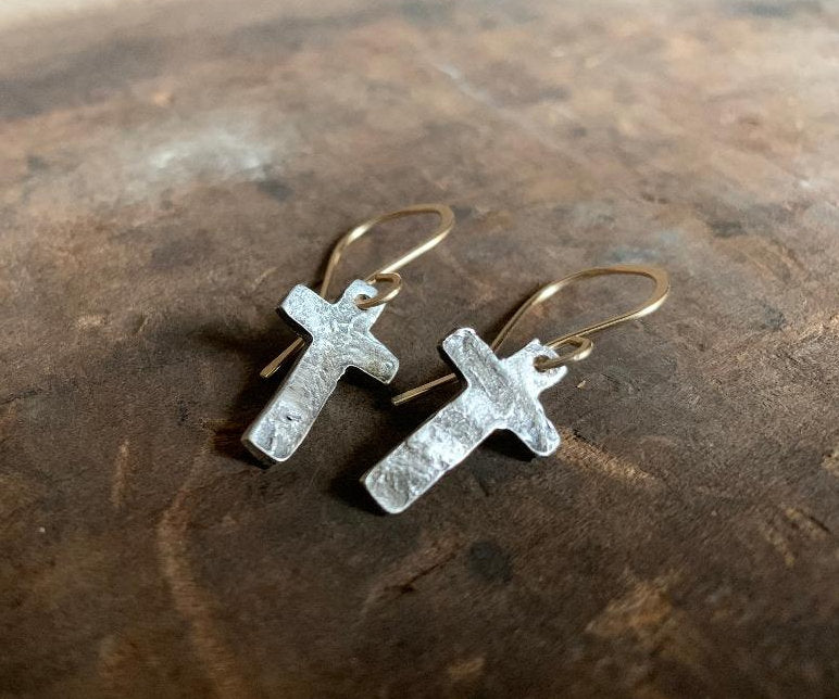 Faith Collection Earrings - Oxidized fine silver rustic Cross Earrings. 14kt Goldfill. Mixed Metal. Handmade