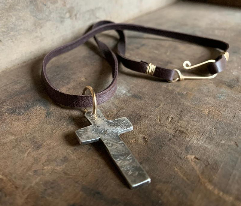 Faith Collection Necklace- Oxidized fine silver rustic Cross. 14kt Goldfill. Leather. Mixed Metal. Handmade