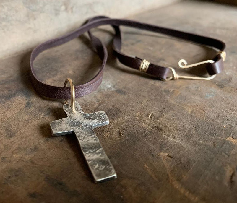 Faith Collection Necklace- Oxidized fine silver rustic Cross. 14kt Goldfill. Leather. Mixed Metal. Handmade