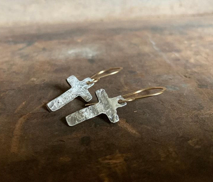 Faith Collection Earrings - Oxidized fine silver rustic Cross Earrings. 14kt Goldfill. Mixed Metal. Handmade