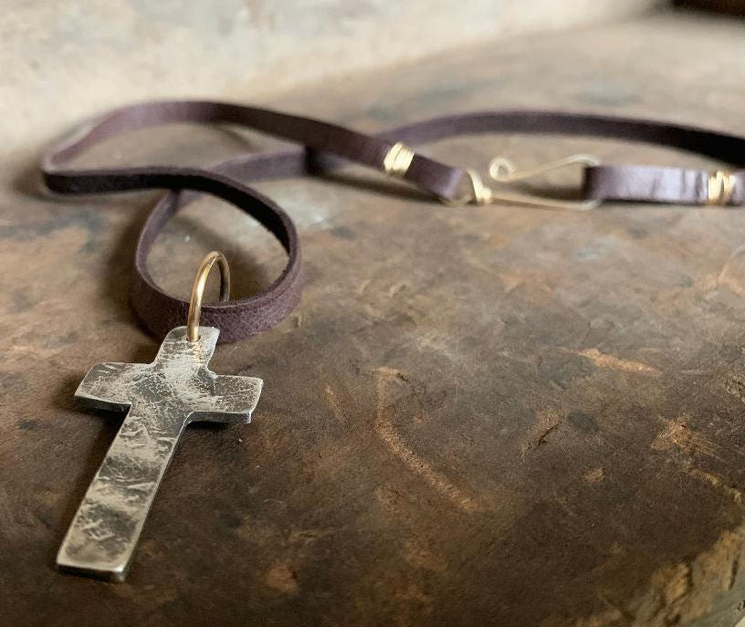 Faith Collection Necklace- Oxidized fine silver rustic Cross. 14kt Goldfill. Leather. Mixed Metal. Handmade