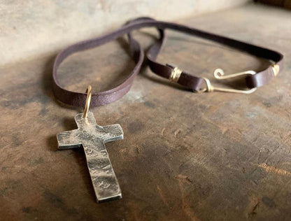 Faith Collection Necklace- Oxidized fine silver rustic Cross. 14kt Goldfill. Leather. Mixed Metal. Handmade