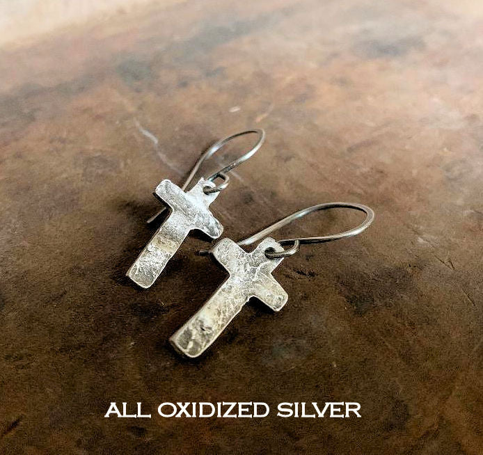 Faith Collection Earrings - Oxidized fine silver rustic Cross Earrings. 14kt Goldfill. Mixed Metal. Handmade