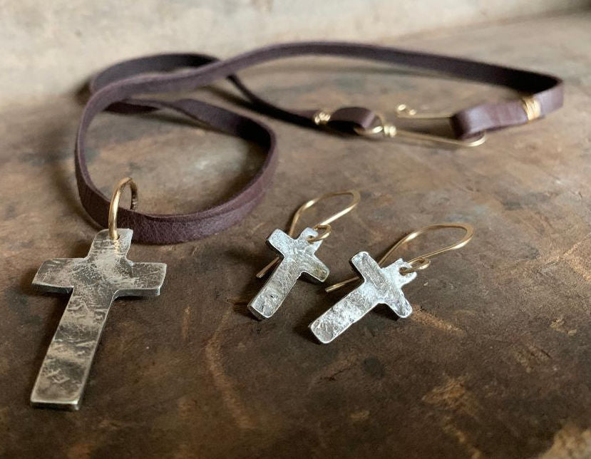 Faith Collection Earrings - Oxidized fine silver rustic Cross Earrings. 14kt Goldfill. Mixed Metal. Handmade