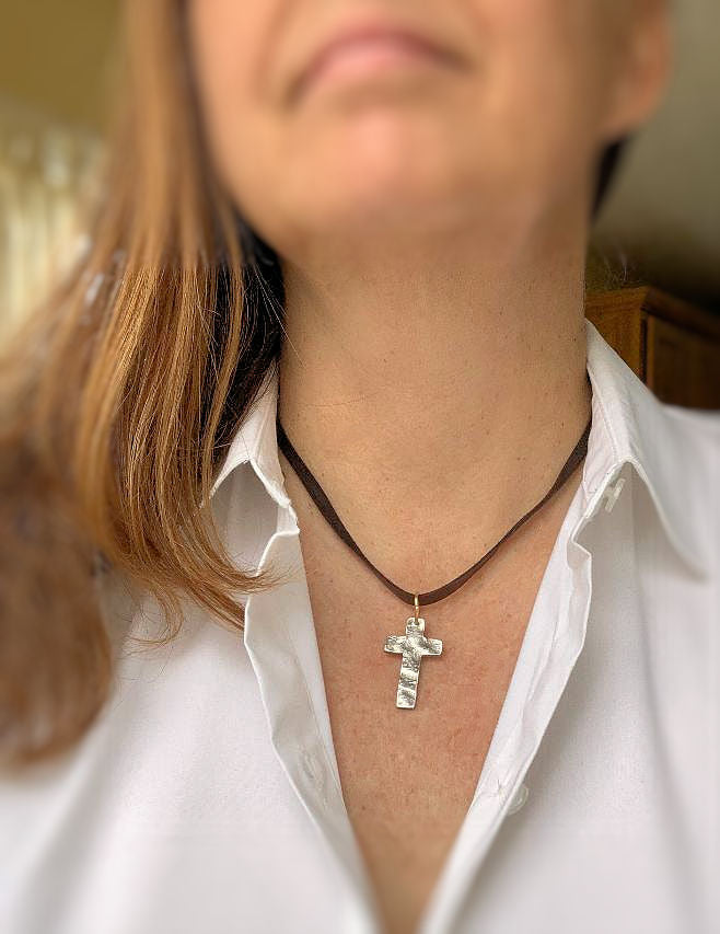 Faith Collection Necklace- Oxidized fine silver rustic Cross. 14kt Goldfill. Leather. Mixed Metal. Handmade