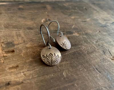 Florin Earrings - Handmade. Bronze and Oxidized sterling silver dangle earrings. Mixed Metal