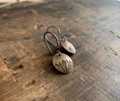 Florin Earrings - Handmade. Bronze and Oxidized sterling silver dangle earrings. Mixed Metal