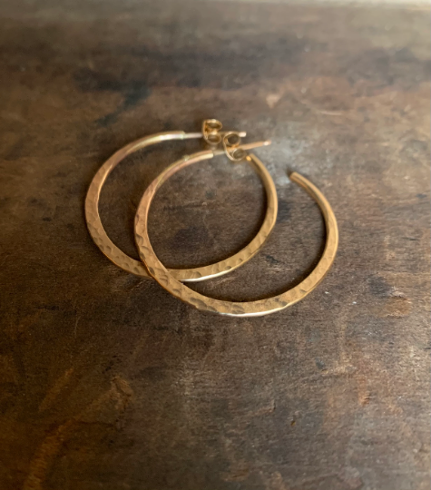 Thick Gauge Post Mangly Hoops in 14kt Yellow or Rose Goldfill- Choice of 7 sizes. Handmade. Hammered.