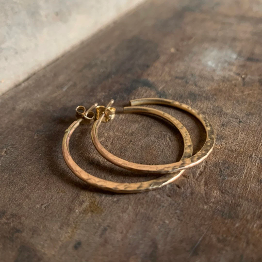 Thick Gauge Post Mangly Hoops in 14kt Yellow or Rose Goldfill- Choice of 7 sizes. Handmade. Hammered.