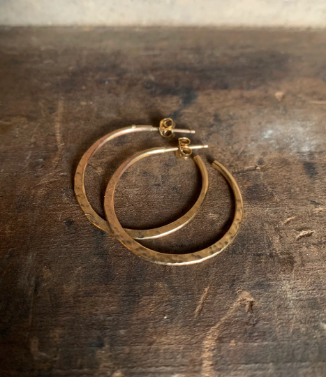 Thick Gauge Post Mangly Hoops in 14kt Yellow or Rose Goldfill- Choice of 7 sizes. Handmade. Hammered.