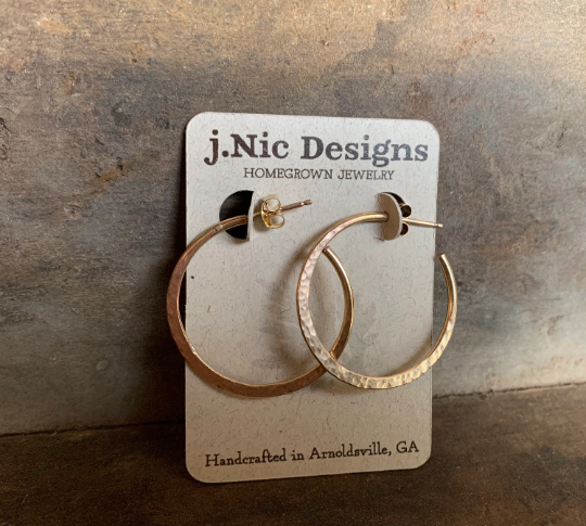 Thick Gauge Post Mangly Hoops in 14kt Yellow or Rose Goldfill- Choice of 7 sizes. Handmade. Hammered.