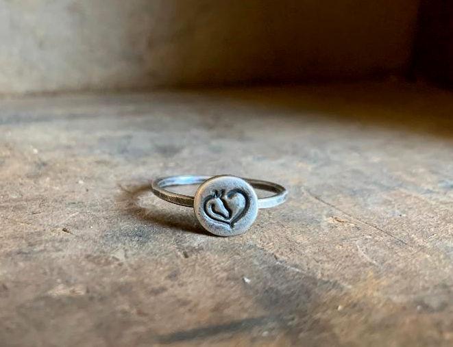 Heart Horse Stacking Ring - Size 6. Sterling & Fine Silver Oxidized Hammered Ring. Hand made by jNic Designs