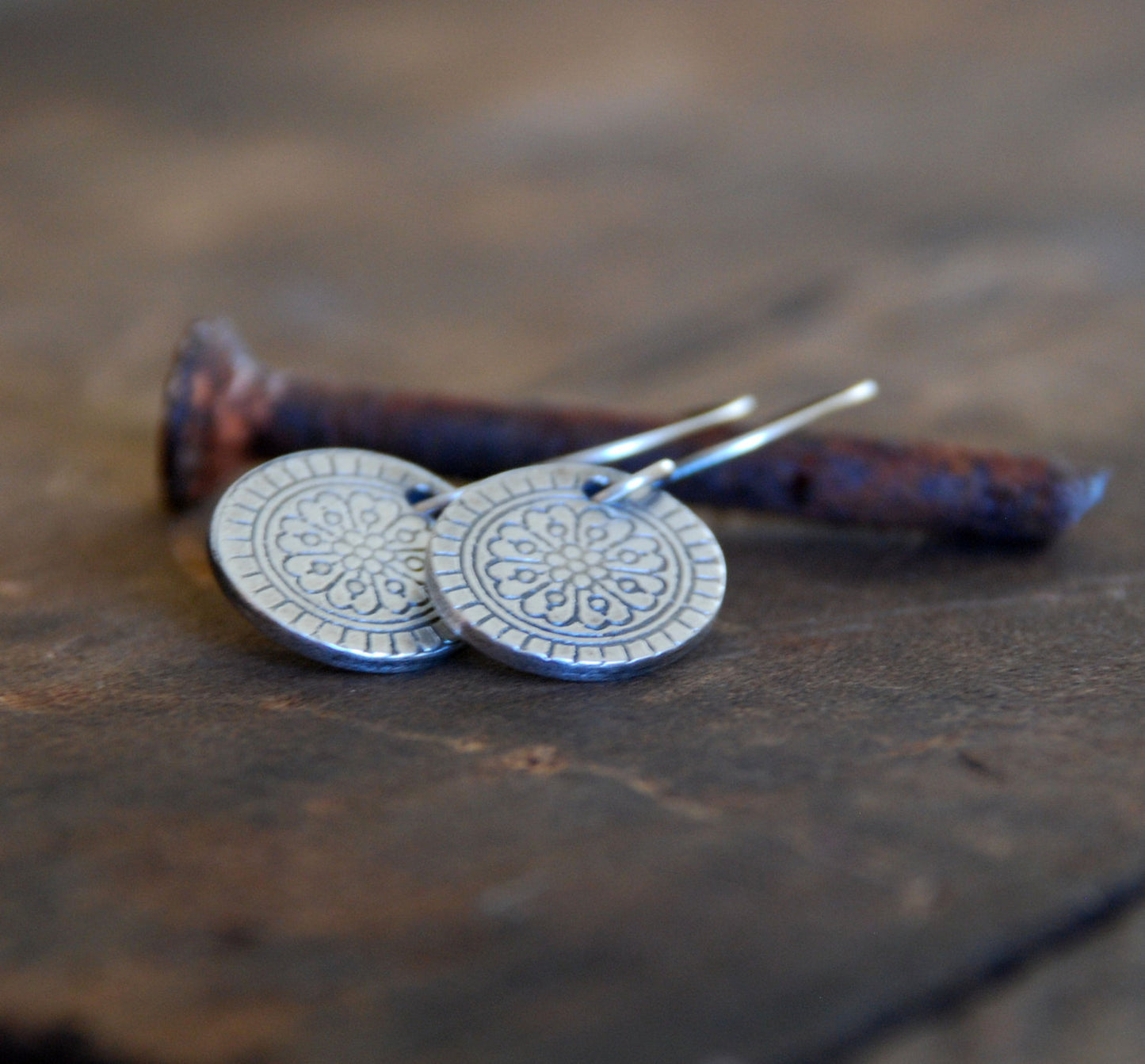 Mandala Earrings - Handmade. Oxidized fine and sterling silver