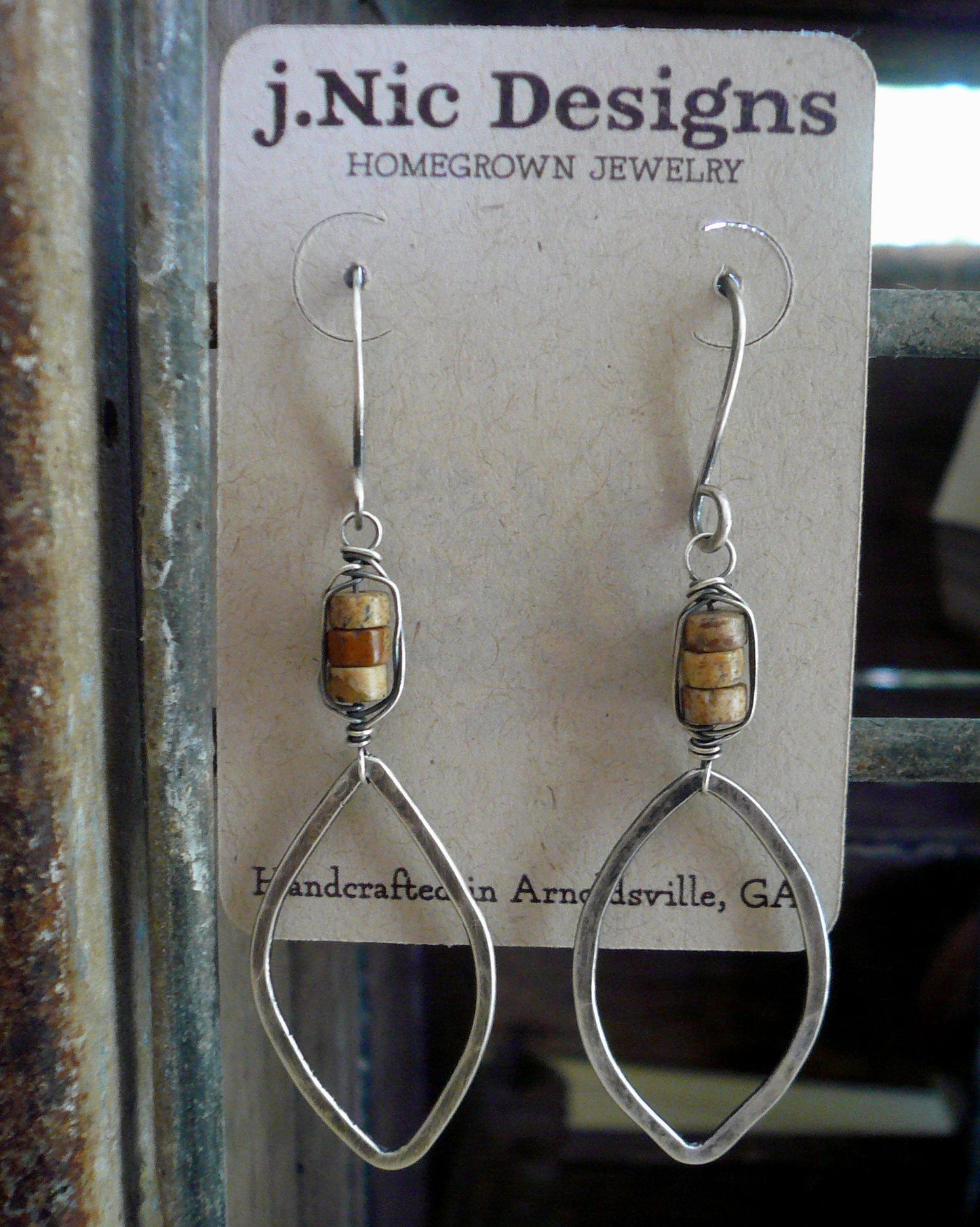 Fallen - Handmade. Oxidized sterling silver dangle Earrings. Wire Wrapped Picture Jasper