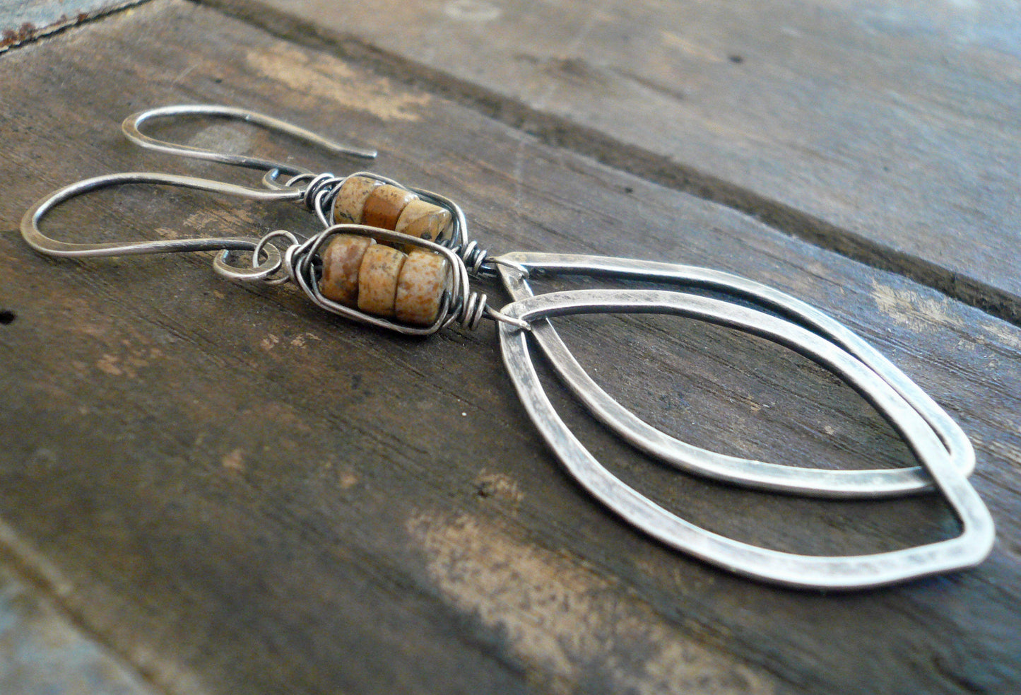 Fallen - Handmade. Oxidized sterling silver dangle Earrings. Wire Wrapped Picture Jasper