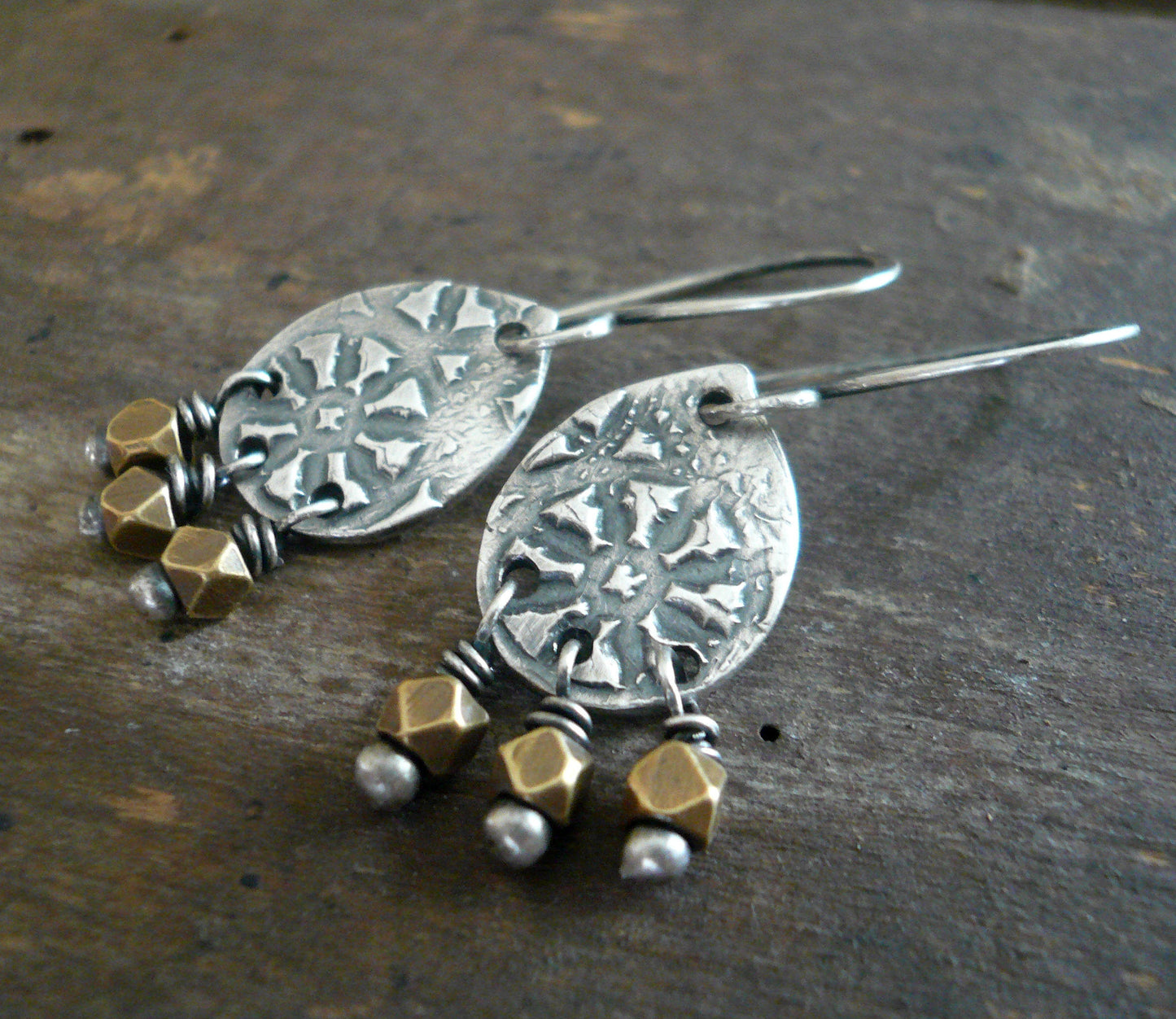 Soleil Collection Drops Earrings - Oxidized fine silver. Brass. Mixed Metal. Handmade