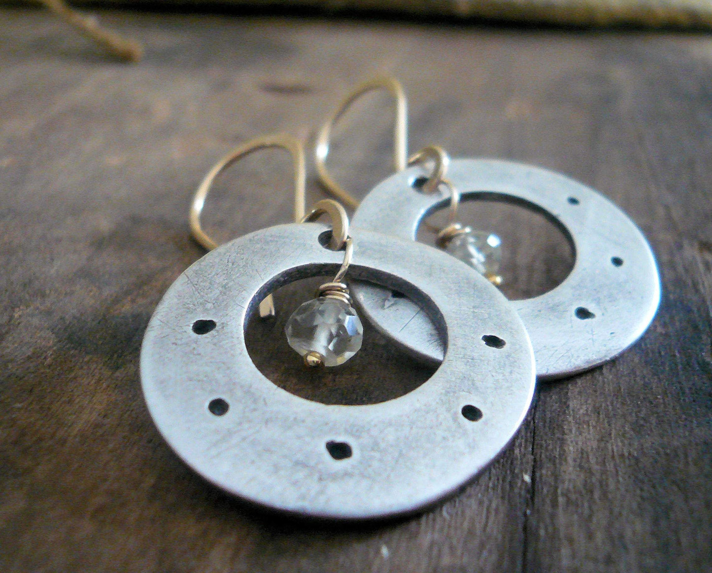 Soleil Collection Orbital Earrings - Oxidized fine silver. 14kt Goldfill. Scapolite. Mixed Metal. Handmade