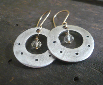 Soleil Collection Orbital Earrings - Oxidized fine silver. 14kt Goldfill. Scapolite. Mixed Metal. Handmade
