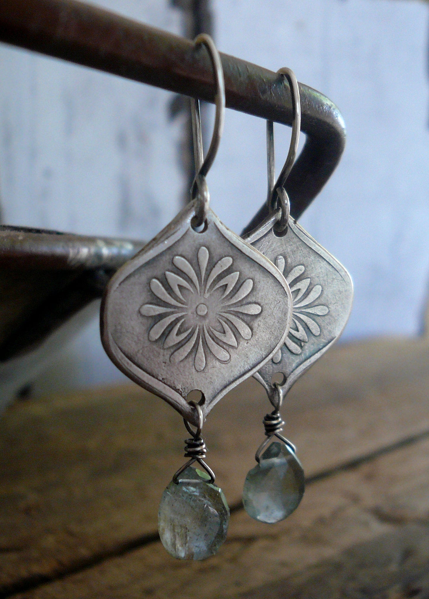 Muse Earrings - Oxidized fine and sterling silver. Moss Aquamarine. Handmade dangle earrings