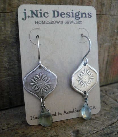 Muse Earrings - Oxidized fine and sterling silver. Moss Aquamarine. Handmade dangle earrings