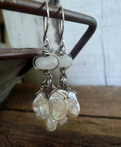 Linger Earrings - Handmade. Moonstone. Keishi Pearls. Oxidized Sterling Silver