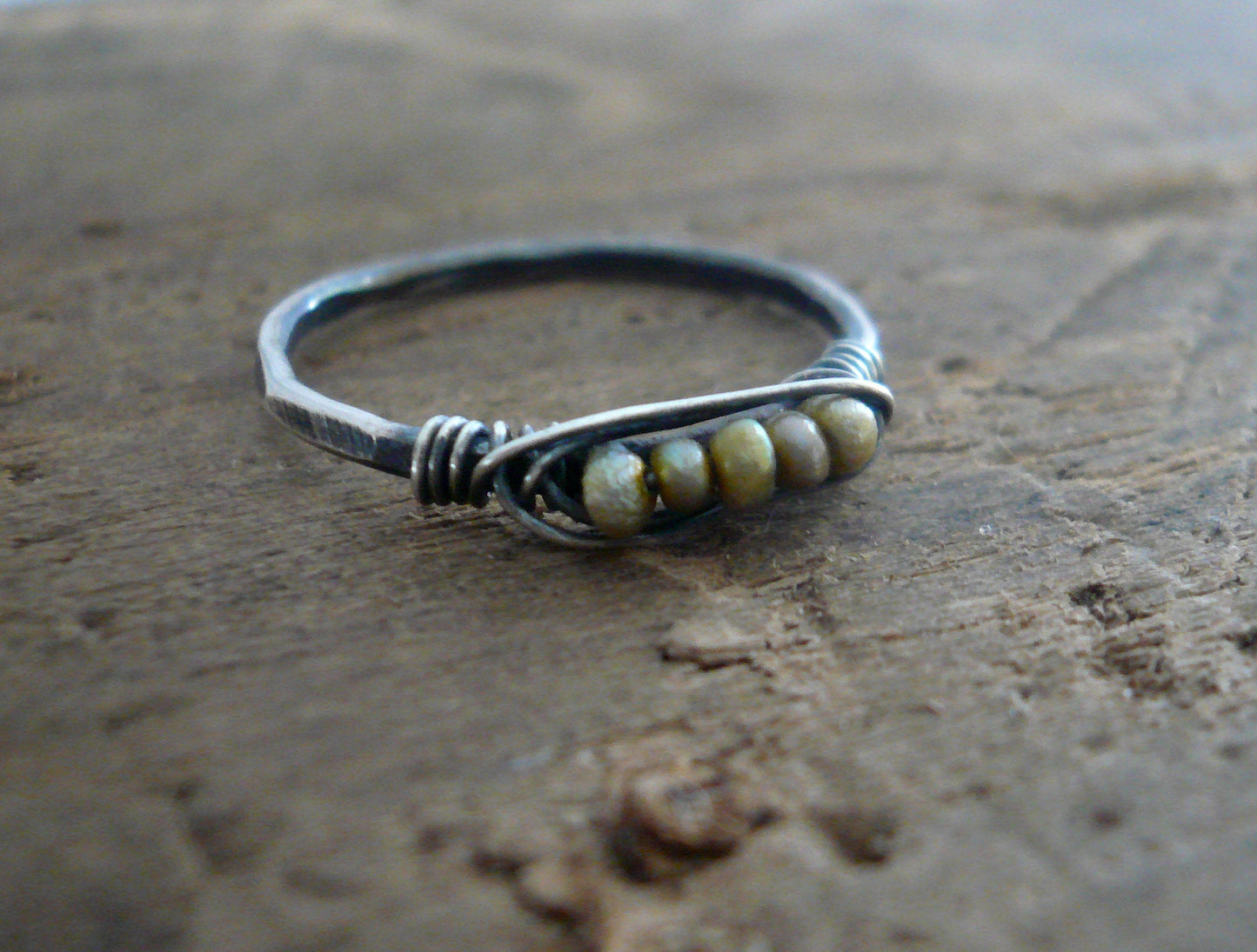 Nestle Ring in Moss - Sterling Silver Stacking Ring. Wire Wrapped Pearls. Handmade. Hand forged.