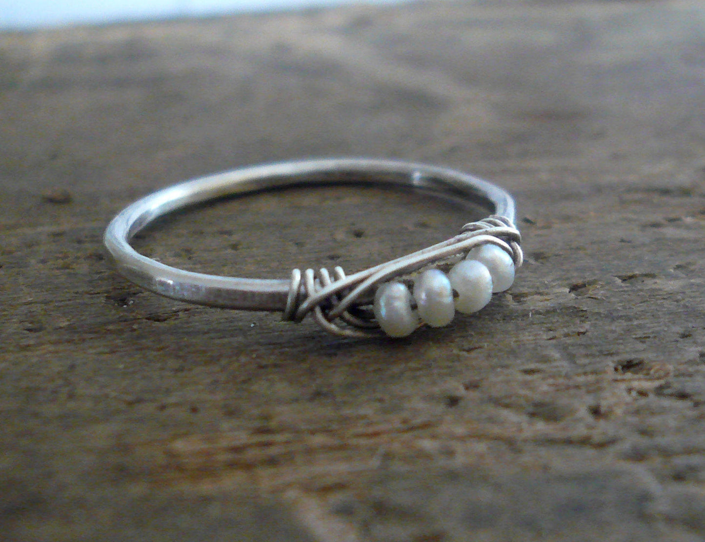 Nestle Ring in Moss - Sterling Silver Stacking Ring. Wire Wrapped Pearls. Handmade. Hand forged.