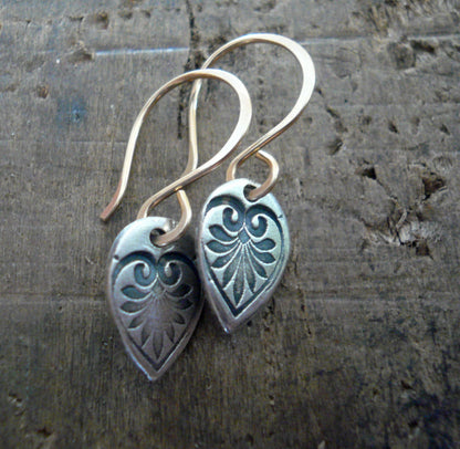 French Quarter Earrings - Leaf - Oxidized fine silver. 14kt Goldfill. Mixed Metal. Handmade