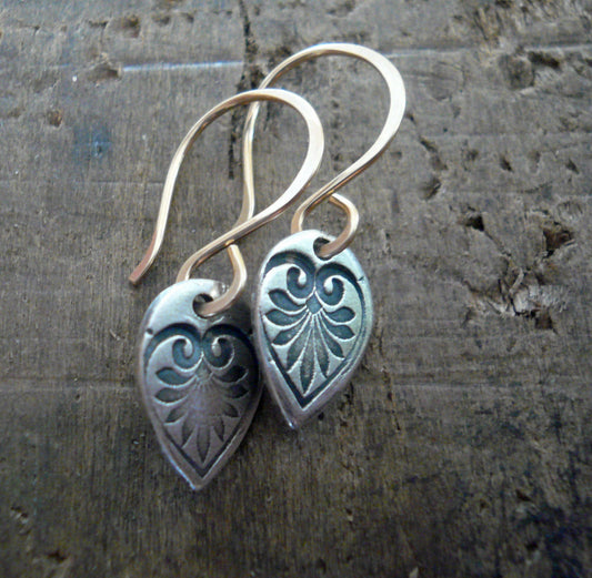 French Quarter Earrings - Leaf - Oxidized fine silver. 14kt Goldfill. Mixed Metal. Handmade