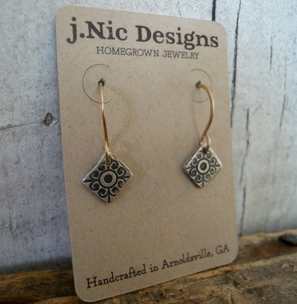 French Quarter Earrings -Diamond - Oxidized fine silver. 14kt Goldfill. Mixed Metal. Handmade