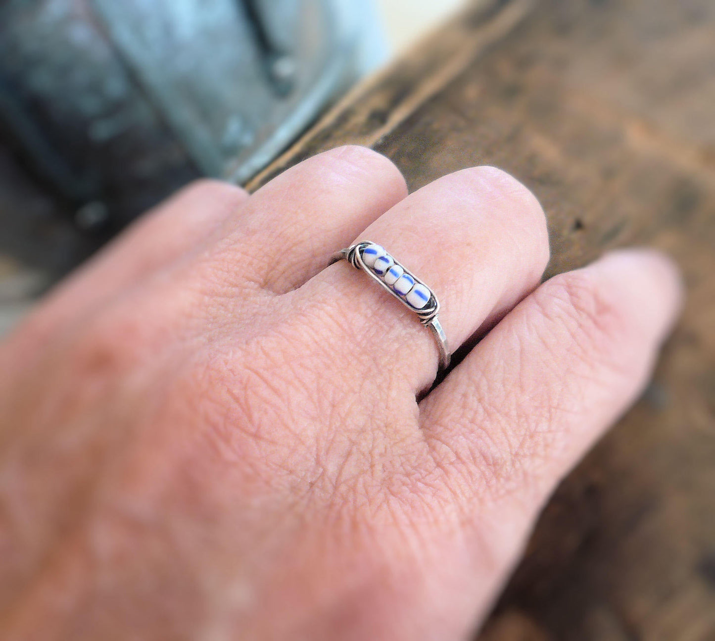 Nestle Ring in Wedgewood - Sterling Silver Stacking Ring. Wire Wrapped Antique European Seed Beads.Hand forged. Handmade by jNicDesigns