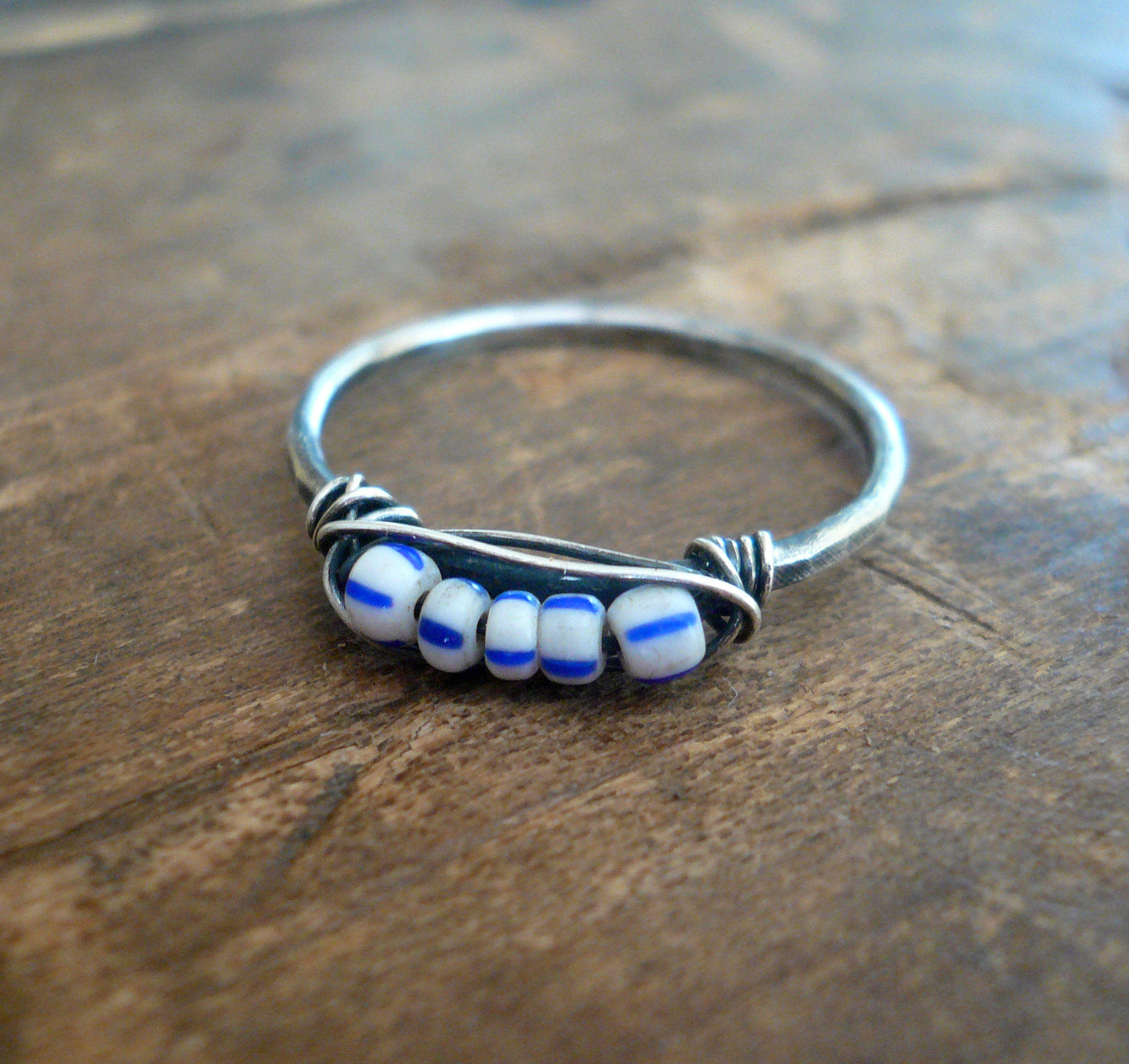 Nestle Ring in Wedgewood - Sterling Silver Stacking Ring. Wire Wrapped Antique European Seed Beads.Hand forged. Handmade by jNicDesigns