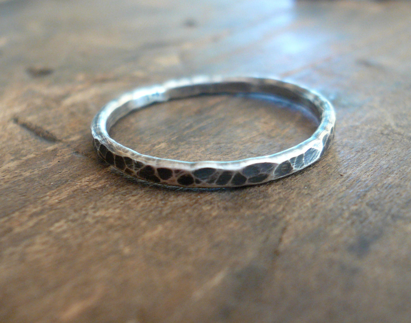 Mangly Ring - Sterling Silver Oxidized Hammered Stacking Ring. Hand made by jNic Designs