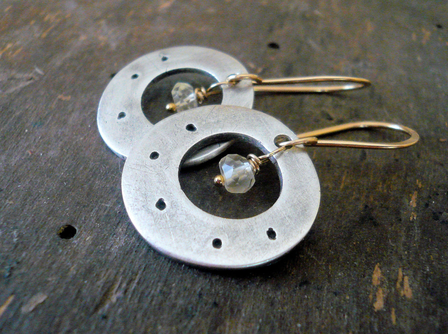 Soleil Collection Orbital Earrings - Oxidized fine silver. 14kt Goldfill. Scapolite. Mixed Metal. Handmade
