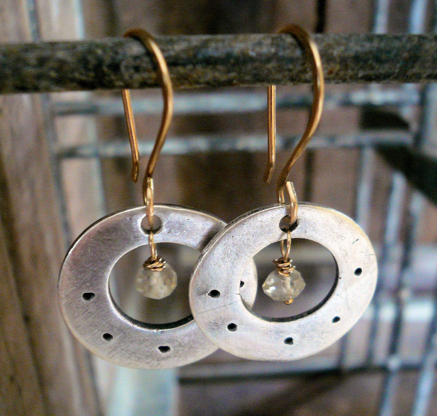 Soleil Collection Orbital Earrings - Oxidized fine silver. 14kt Goldfill. Scapolite. Mixed Metal. Handmade