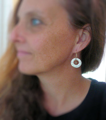 Soleil Collection Orbital Earrings - Oxidized fine silver. 14kt Goldfill. Scapolite. Mixed Metal. Handmade