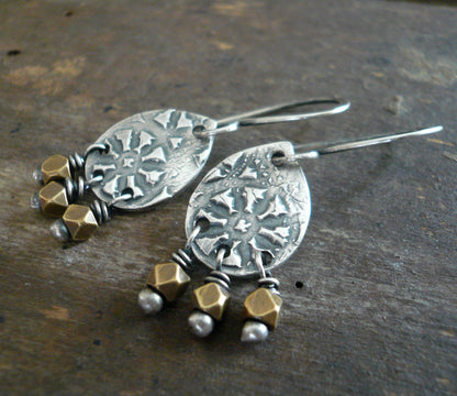 Soleil Collection Drops Necklace- Oxidized fine silver. Brass. 14kt Goldfill. Leather. Mixed Metal. Handmade