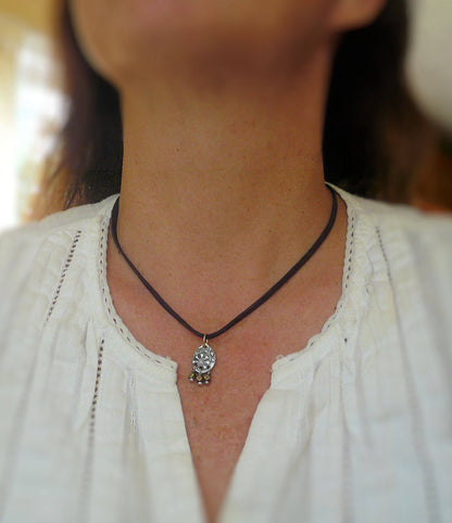 Soleil Collection Drops Necklace- Oxidized fine silver. Brass. 14kt Goldfill. Leather. Mixed Metal. Handmade