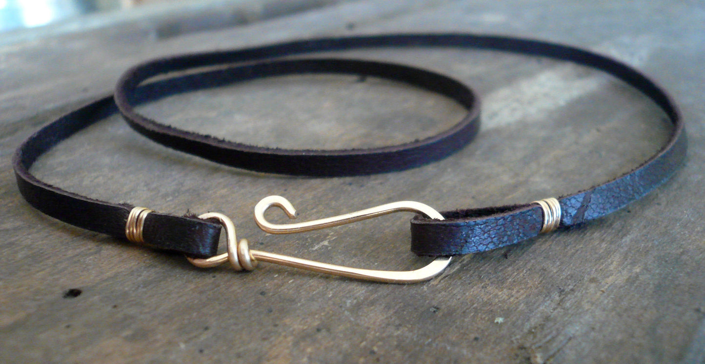 Soft supple Leather Necklace with 14kt Goldfill Clasp - 5 colors. Handforged 14kt Goldfill clasp, Your choice of length & color