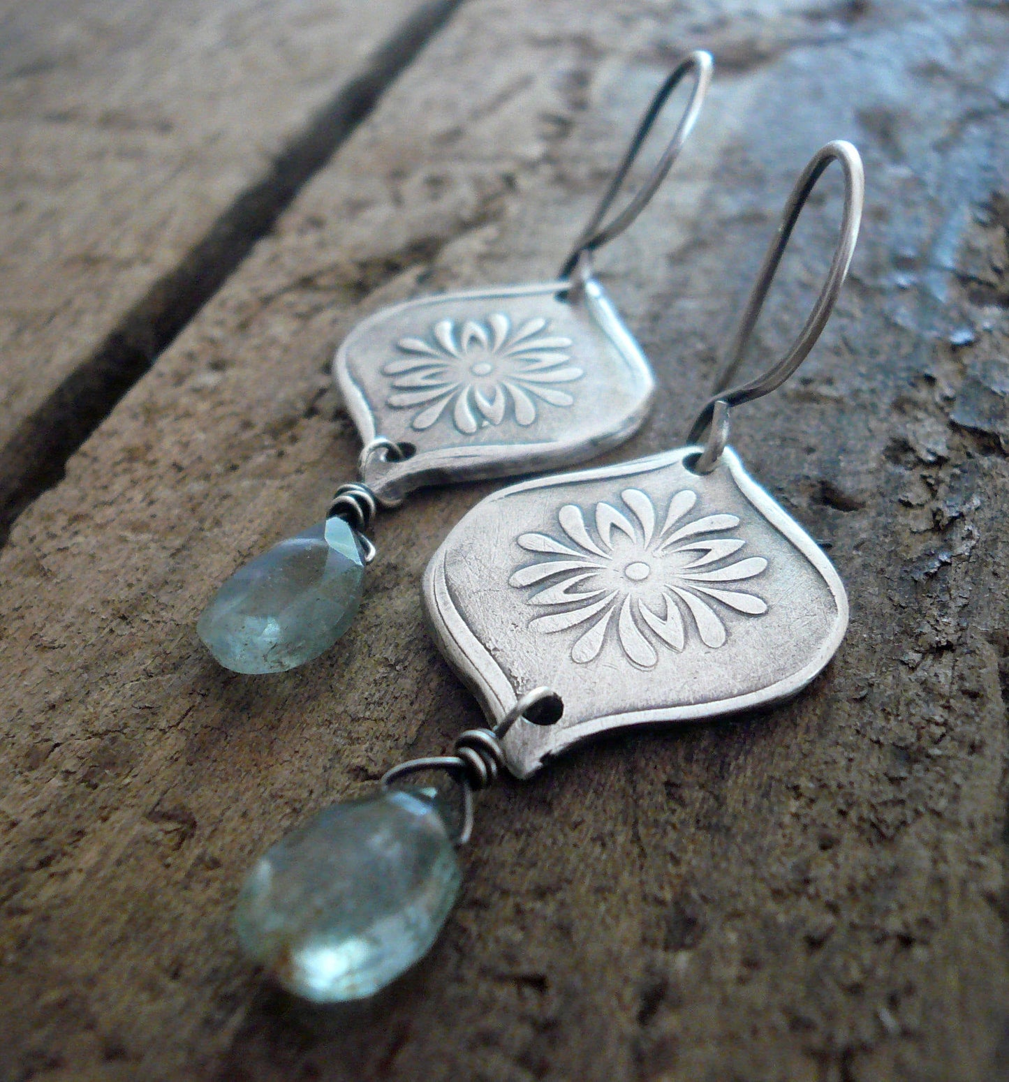 Muse Earrings - Oxidized fine and sterling silver. Moss Aquamarine. Handmade dangle earrings