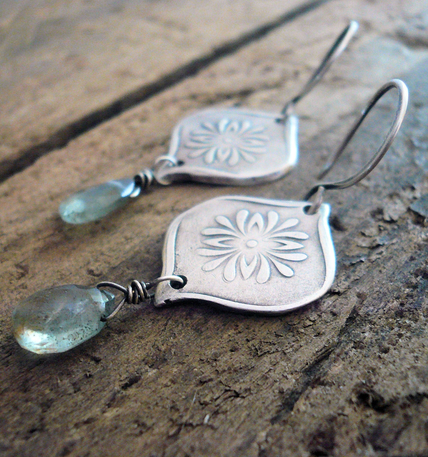 Muse Earrings - Oxidized fine and sterling silver. Moss Aquamarine. Handmade dangle earrings