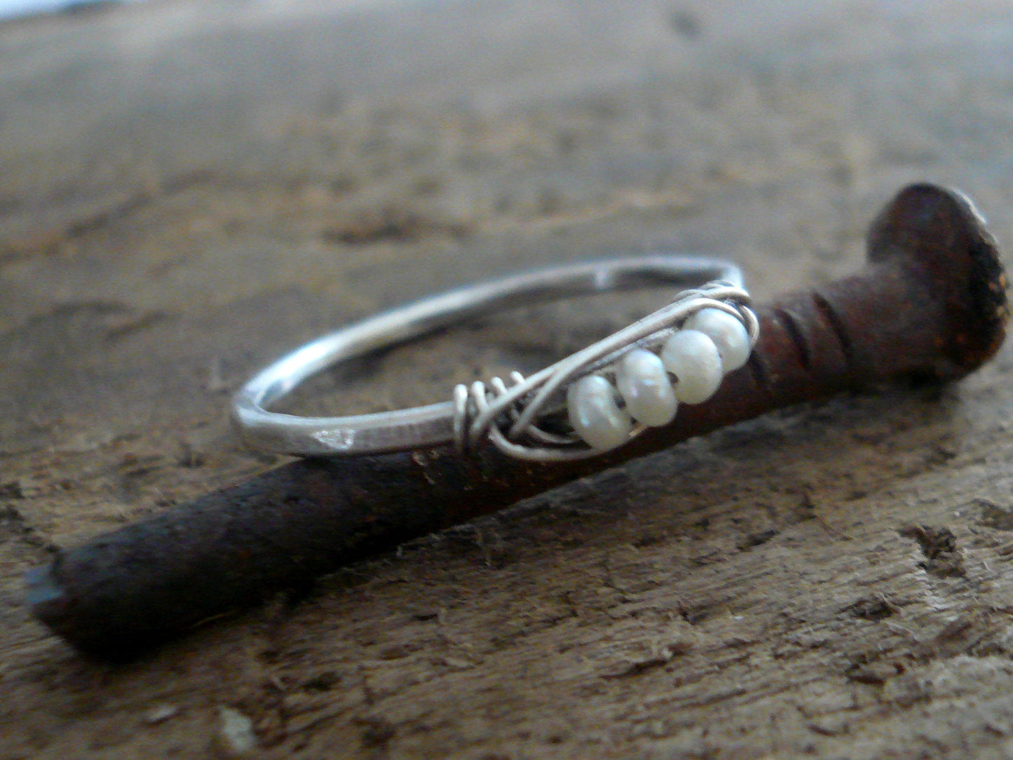 Nestle Ring in Cloud - Sterling Silver Stacking Ring. Wire Wrapped Pearls. Handmade. Hand forged.