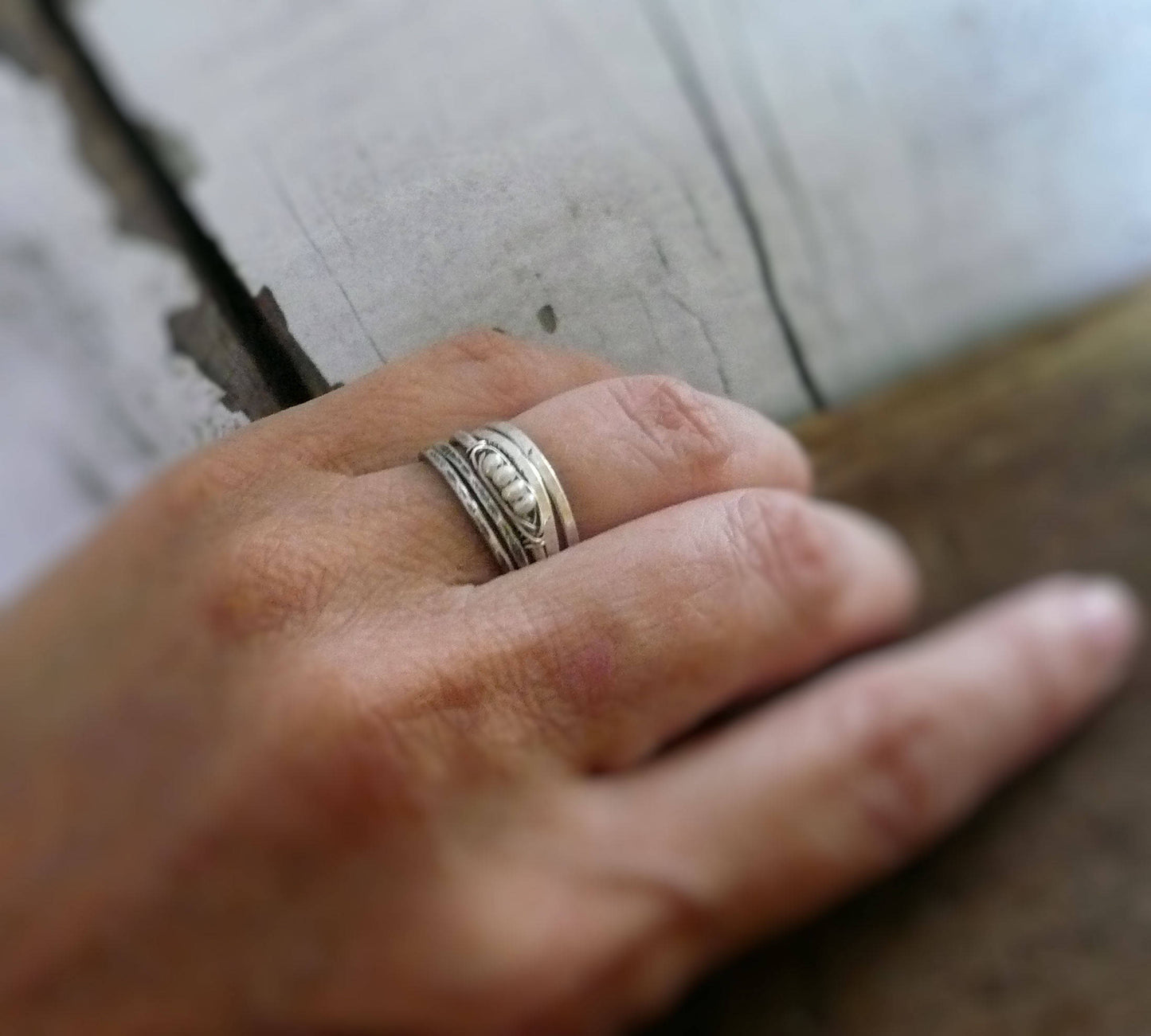 Nestle Ring in Cloud - Sterling Silver Stacking Ring. Wire Wrapped Pearls. Handmade. Hand forged.