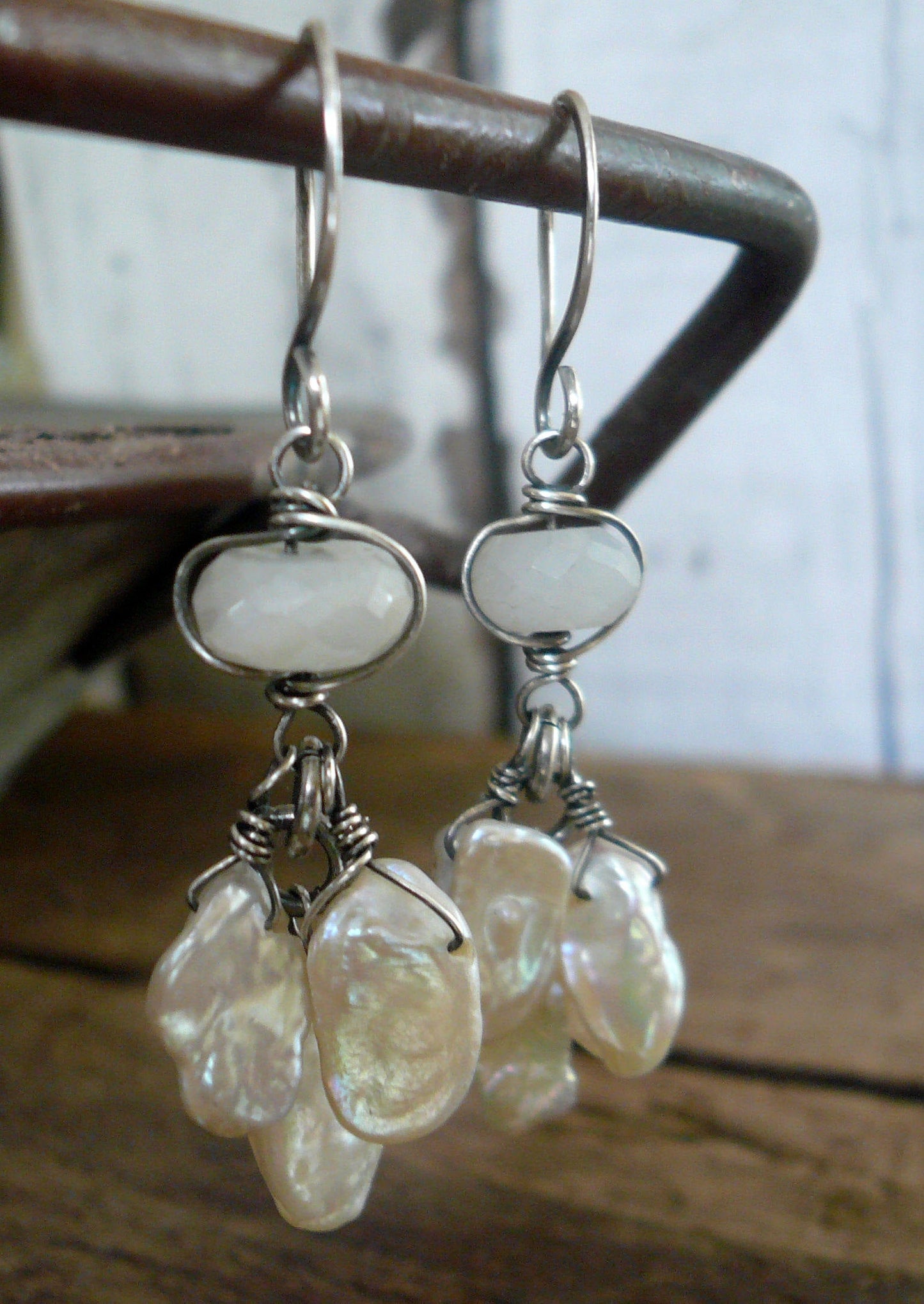 Linger Earrings - Handmade. Moonstone. Keishi Pearls. Oxidized Sterling Silver