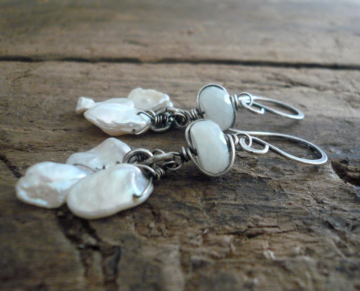 Linger Earrings - Handmade. Moonstone. Keishi Pearls. Oxidized Sterling Silver