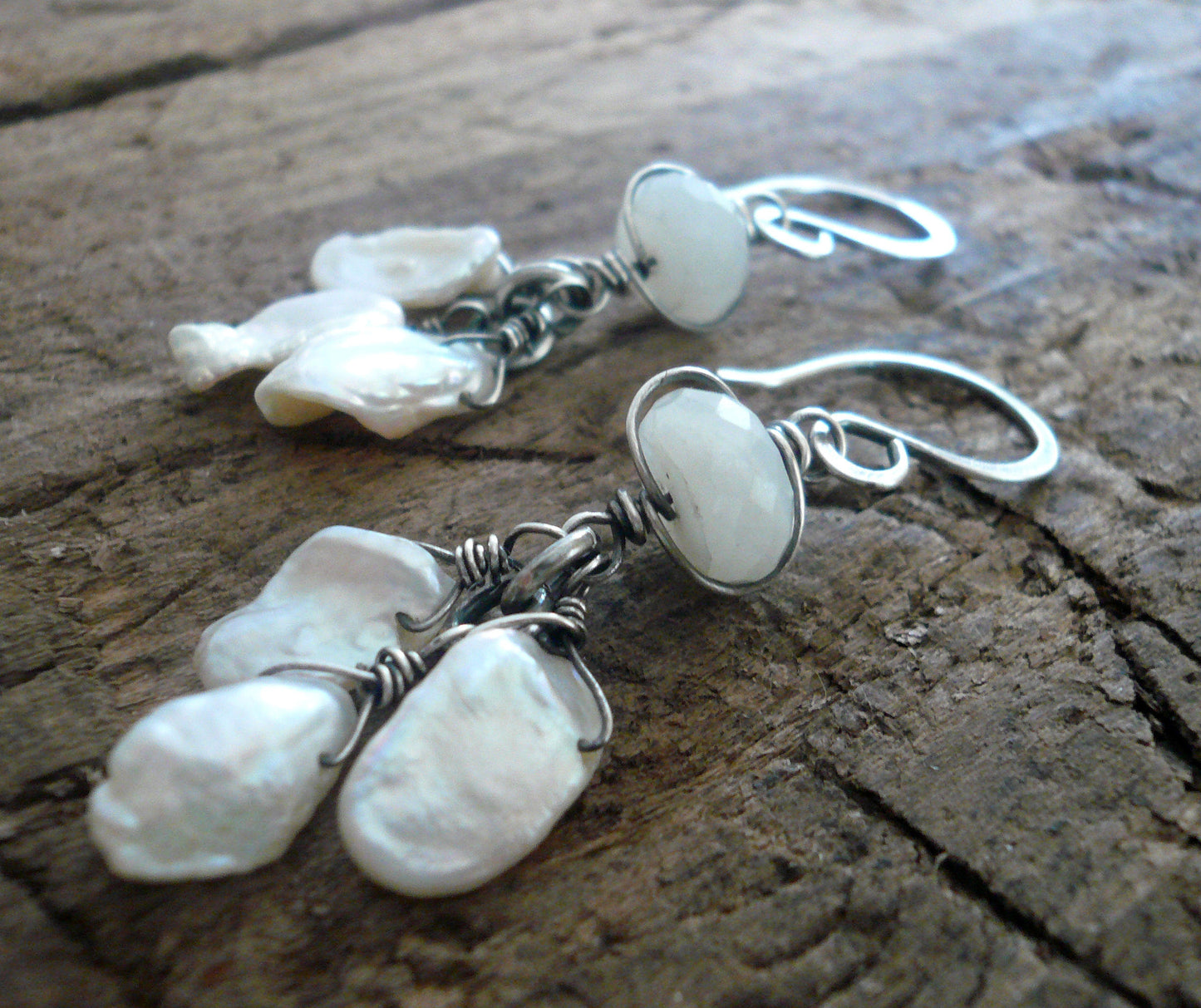 Linger Earrings - Handmade. Moonstone. Keishi Pearls. Oxidized Sterling Silver