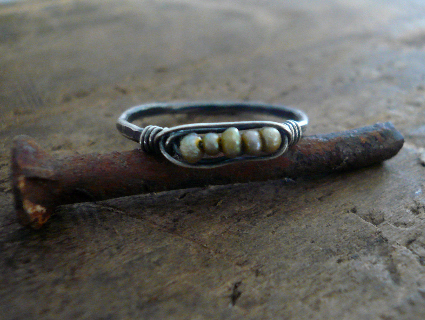 Nestle Ring in Moss - Sterling Silver Stacking Ring. Wire Wrapped Pearls. Handmade. Hand forged.